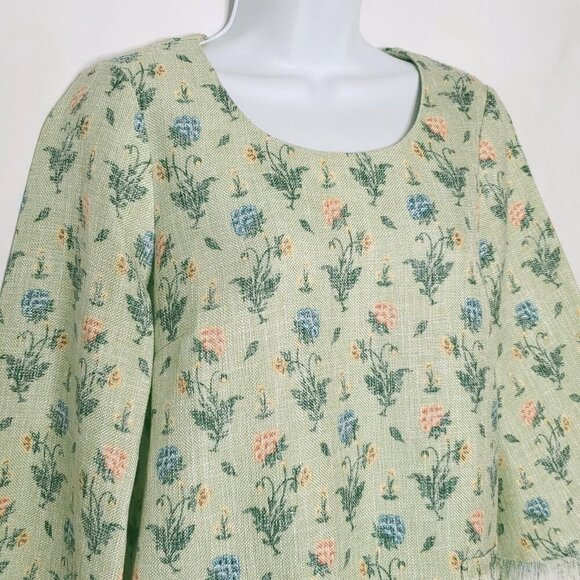 Tuckernuck Floral Blouse S Green 3/4 Sleeve Fringe Cottagecore Boho Wildflower - Picture 2 of 6